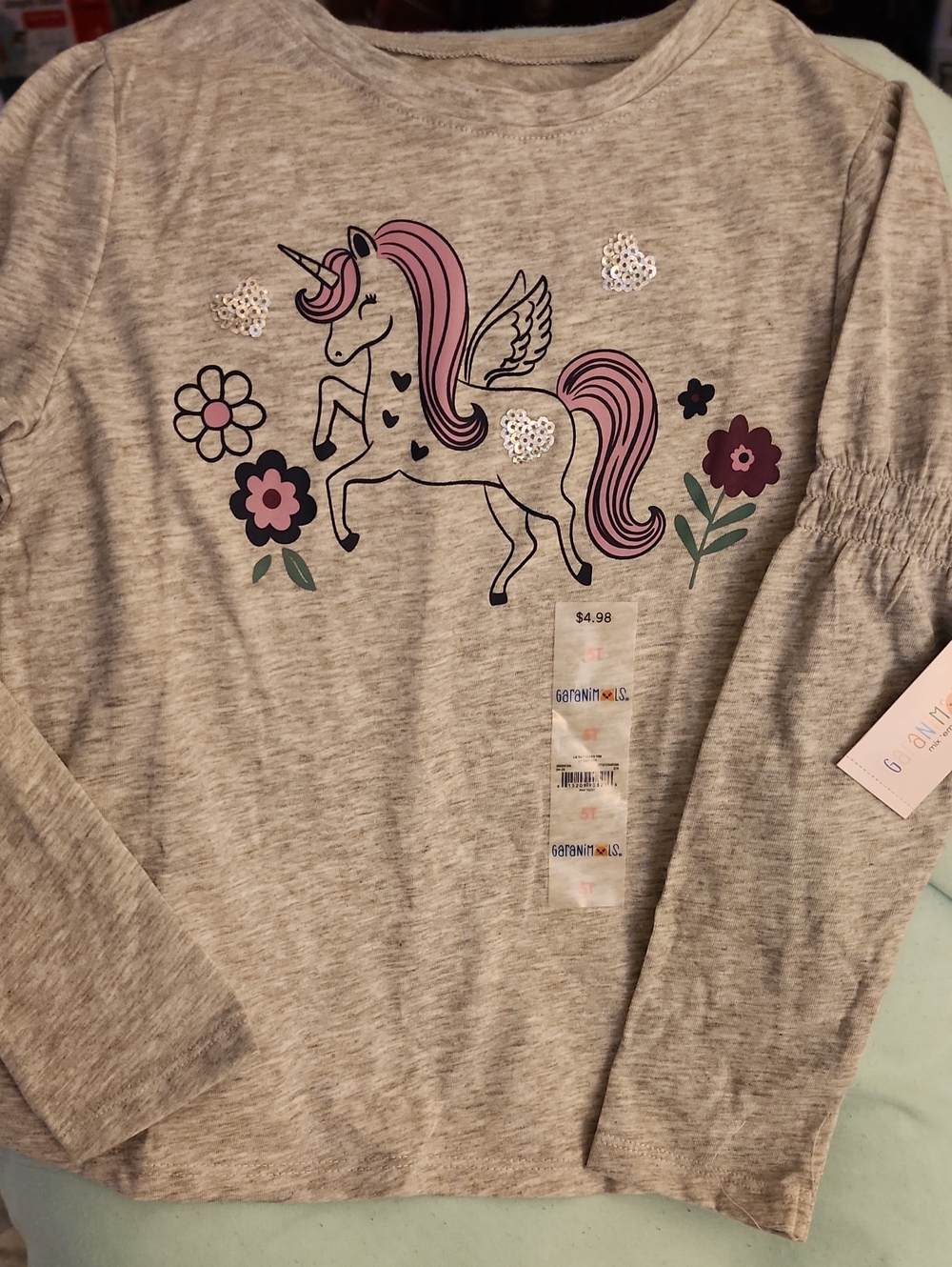 Nwt 5T Garanimals Heather Gray Long-Sleeve Unicorn Top with Purple Accents